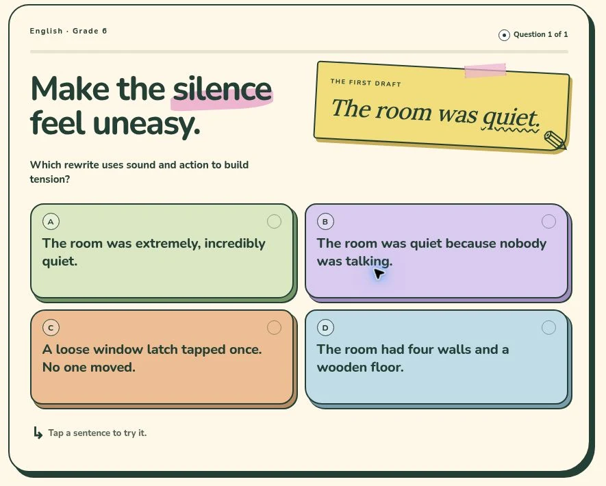 English activity asking how sound and action can make a quiet room feel uneasy, with four sentence choices.